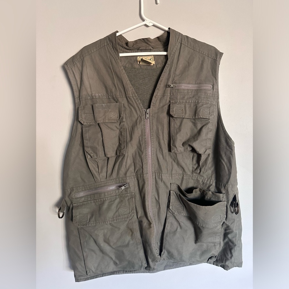 VTG LL BEAN VEST LARGE POCKETED FISHING VEST MENS SAFARI GREEN